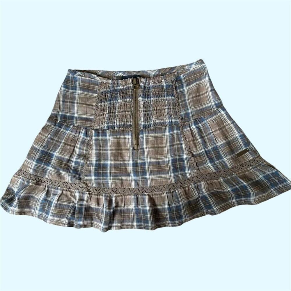 Euro brand Creeks blue & brown plaid mini skirt with lace trim